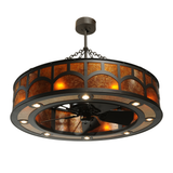 Bottom angled view showing lit downlights and fan blades.