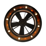Bottom view showing illuminated downlights around fan blades.