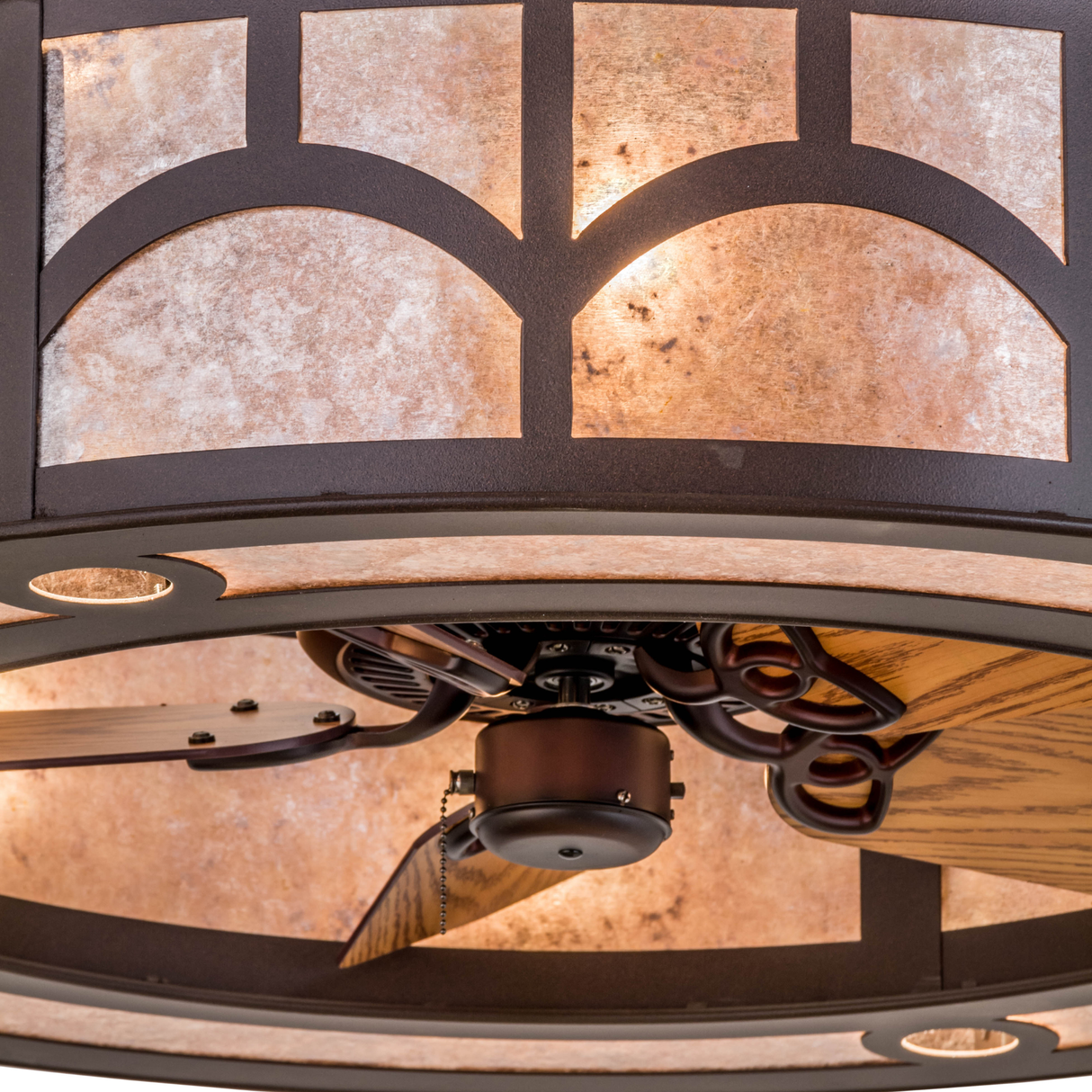 Closeup of mica shade and fan motor detailing.
