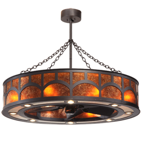 Mission Hill Top Chandel-Air lit front angle view with Amber Mica shade.