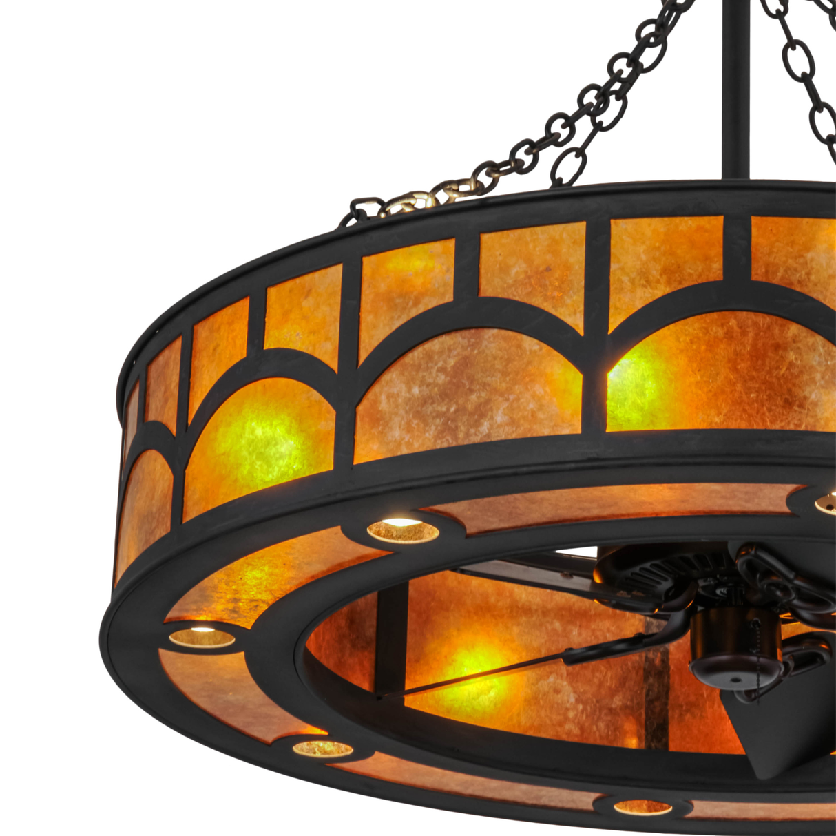 Close-up of glowing amber mica glass and decorative grid design.