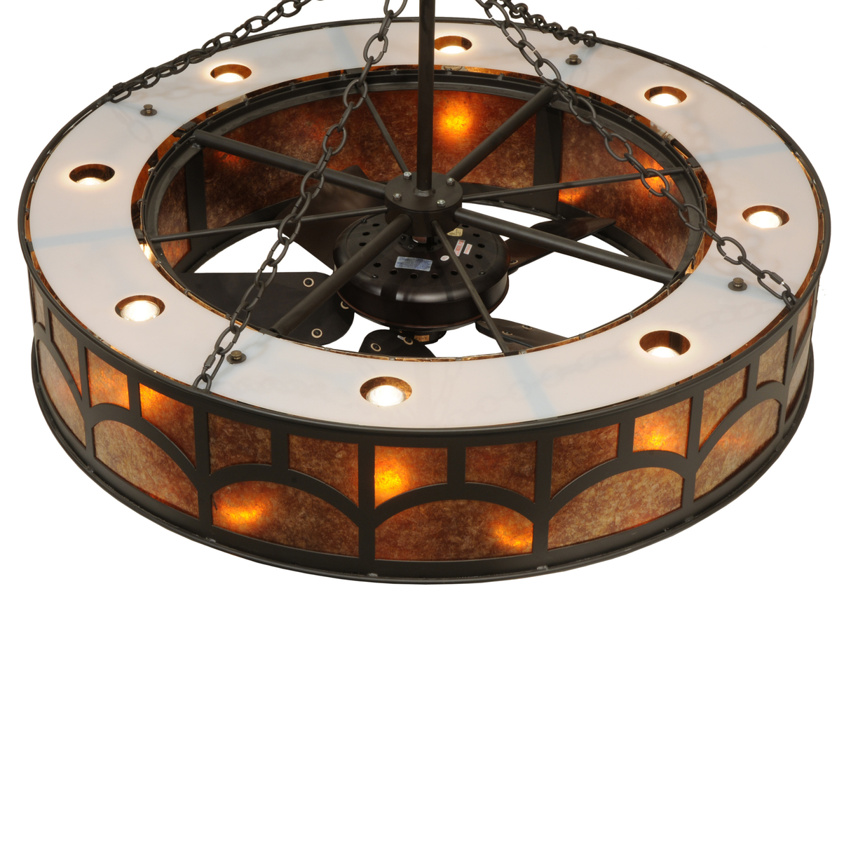 Overhead angle view with uplights and downlights softly illuminated.