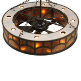 Overhead angle view with uplights and downlights softly illuminated.