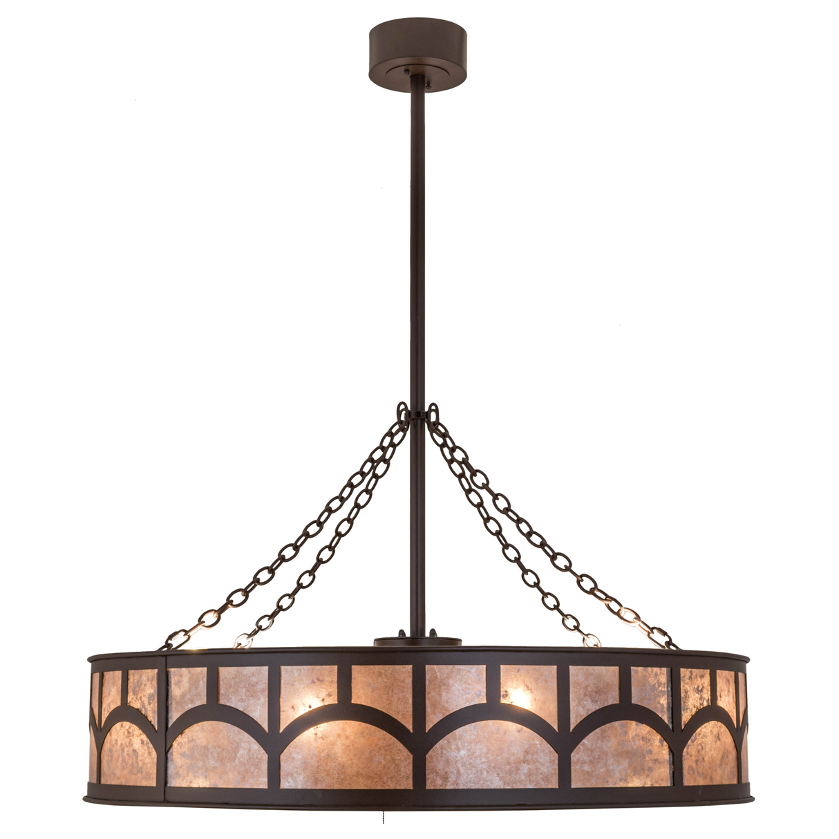 Side view showing glowing mica diffuser and bronze frame.