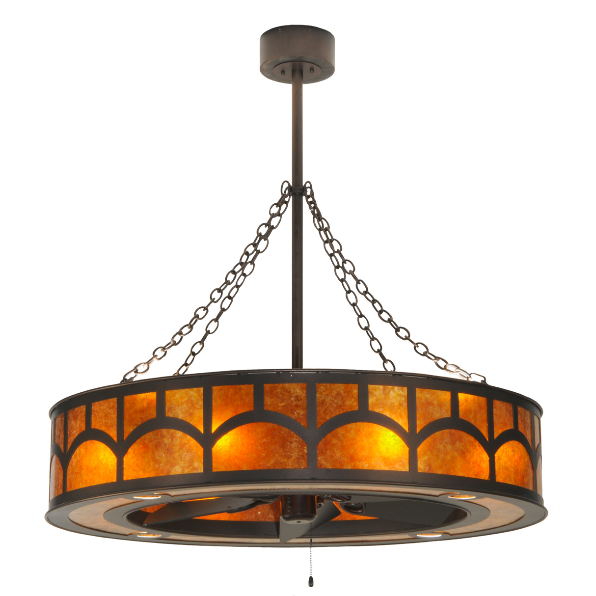 Overall lit view highlighting warm Amber Mica diffuser and chain mount.