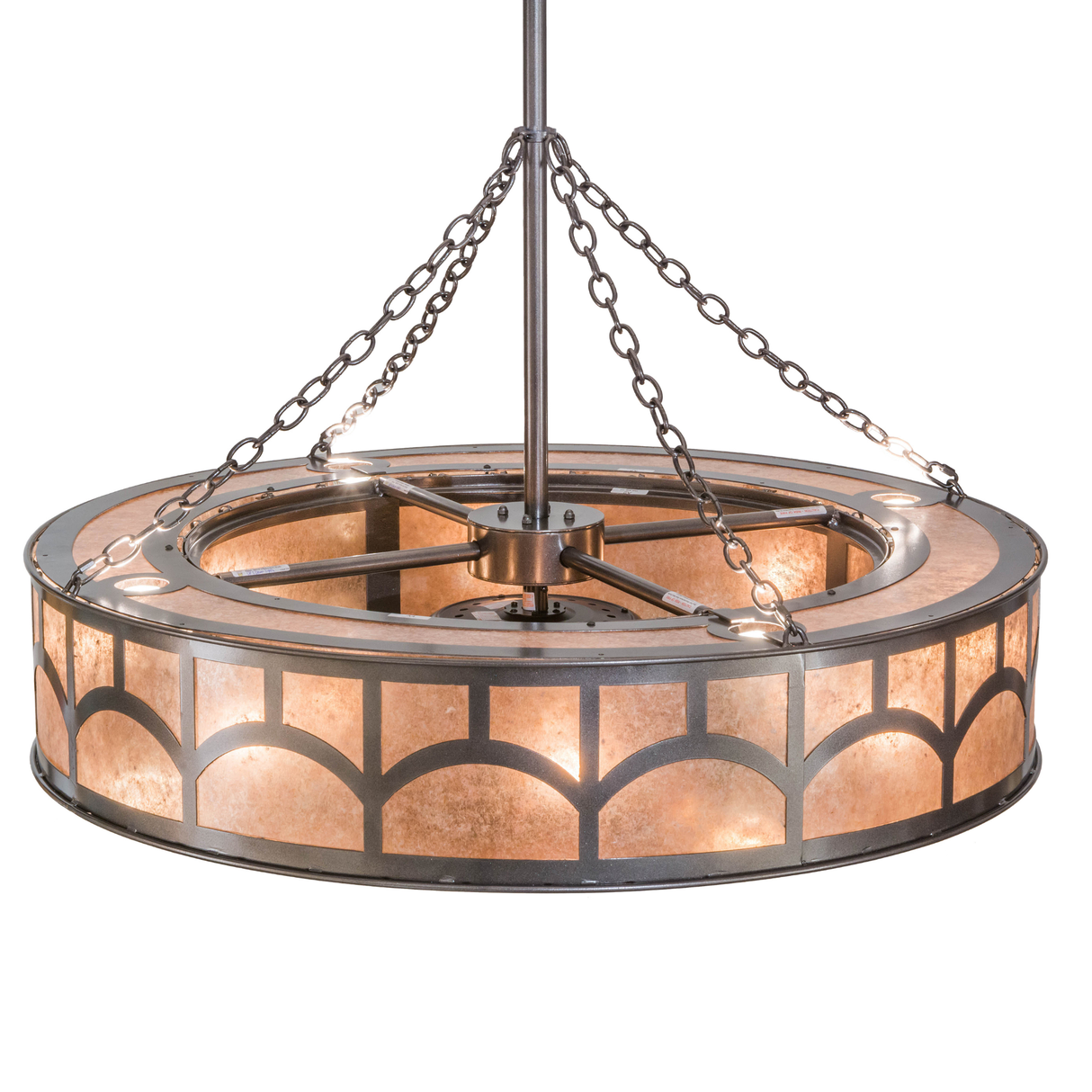 Top angle lit view revealing circular frame and suspended chains.