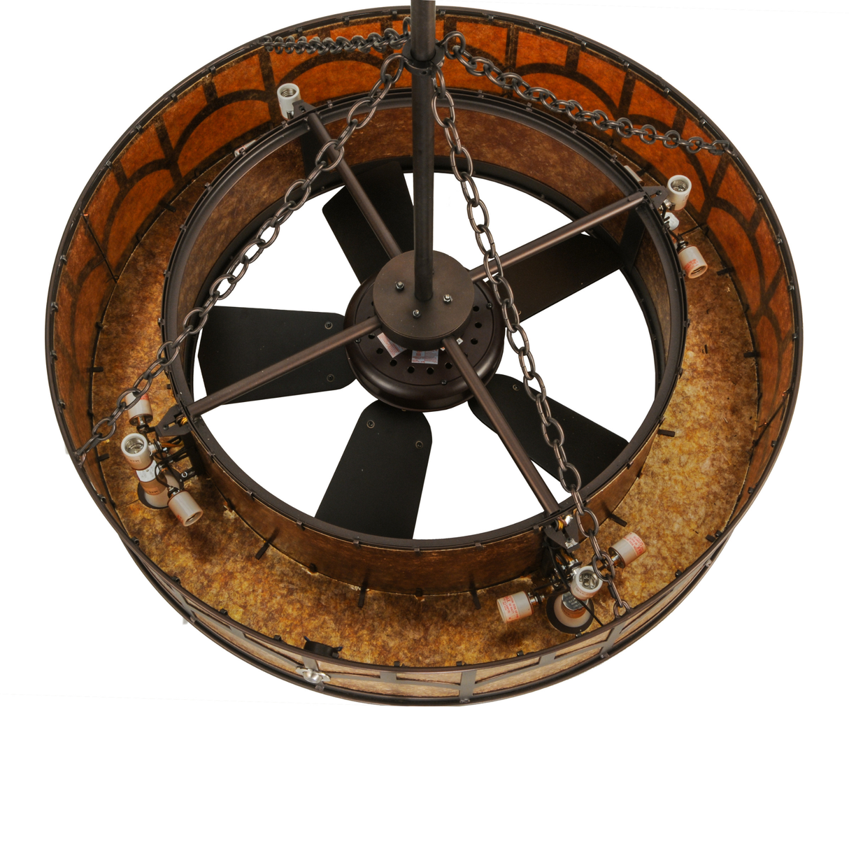 Top view showing internal fan, bulb sockets, and metal frame arms.