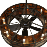 Unlit overhead angled view showing fan blades and mica-lined ring.