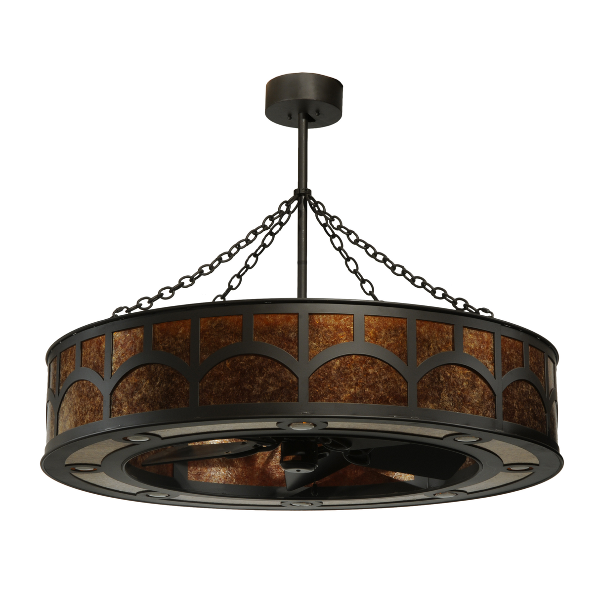 Close side view showing unlit mica panels and dark metal trim.