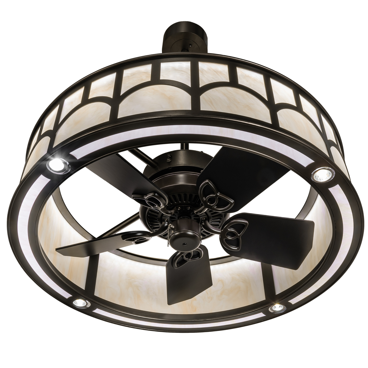 Bottom view showing fan blades and circular LED illumination.