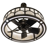 Bottom view showing fan blades and circular LED illumination.