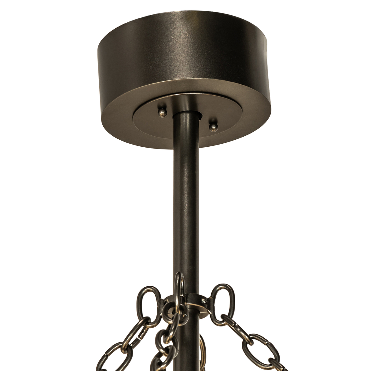 Close-up of ceiling canopy and chain suspension in bronze finish.