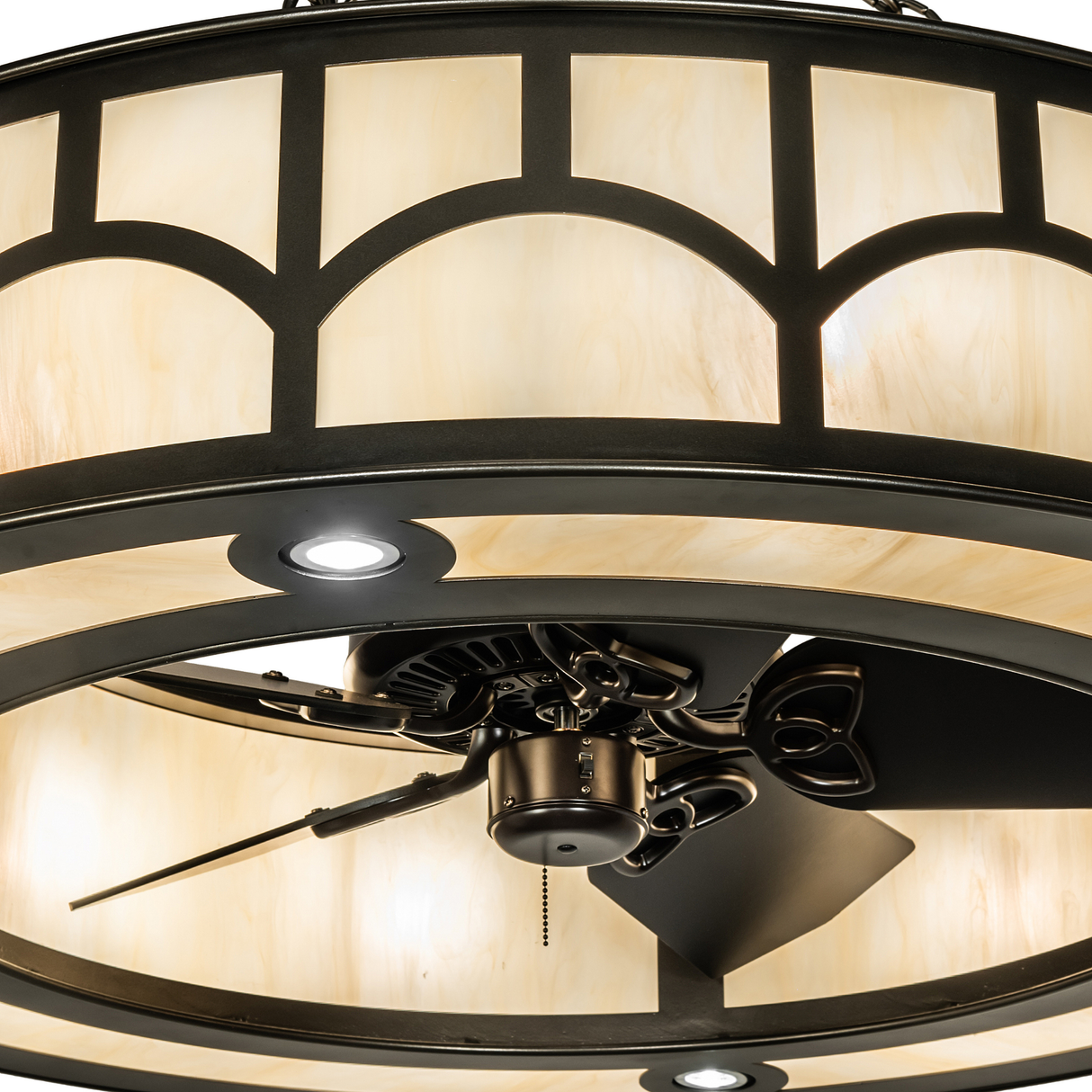 Close-up of integrated ceiling fan and glowing Idalight diffuser.