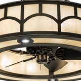 Close-up of integrated ceiling fan and glowing Idalight diffuser.