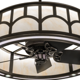 Close-up of integrated fan with LED lighting and bronze detailing.