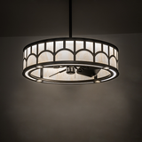 Room-lit view showing glowing diffuser and integrated ceiling fan.