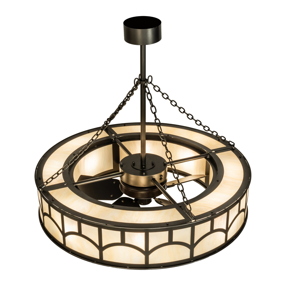 Overhead angle showing chain suspension and bronze structure.