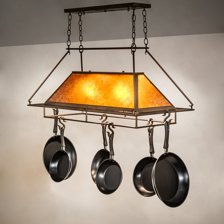 Amber mica Mission Prime pot rack casting warm light.