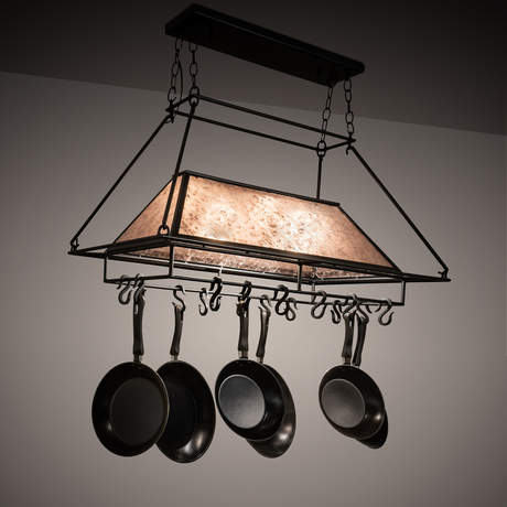 Mission Prime pot rack chandelier glowing with warm mica diffuser.