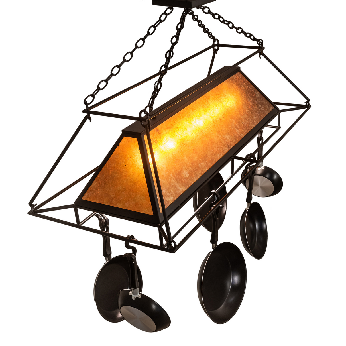 Angled view of Mission Prime chandelier with glowing amber shade.