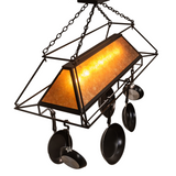 Angled view of Mission Prime chandelier with glowing amber shade.