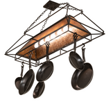 Bottom view of Mission Prime chandelier with cookware hooks.