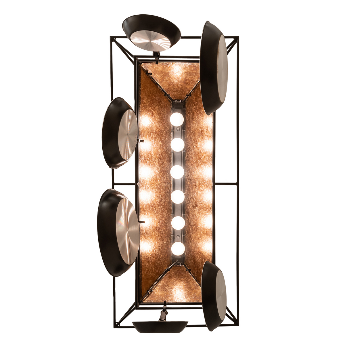 Bottom angle view of Mission Prime chandelier with six bulbs.