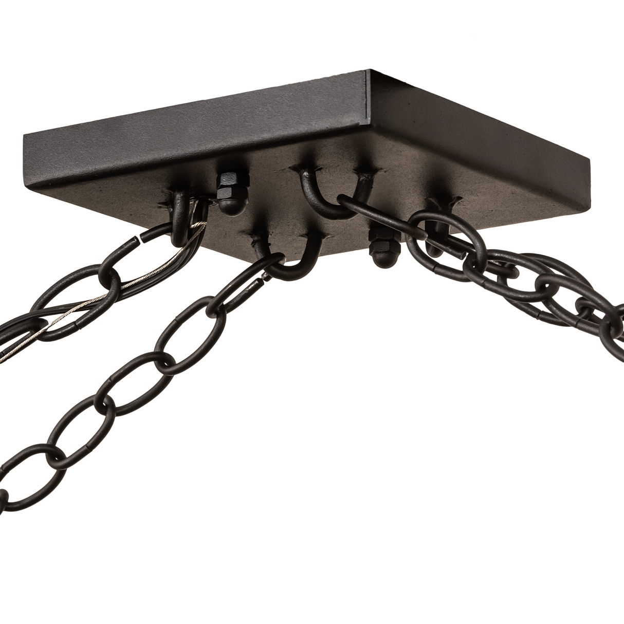 Close-up of Mission Prime chandelier ceiling mount with chain detail.