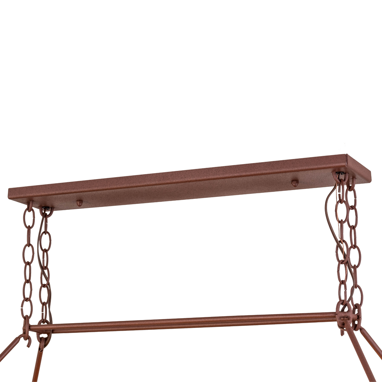 Close-up of canopy and suspension chains in rust finish.