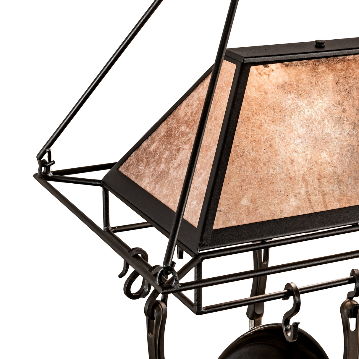 Detailed corner view of Mission Prime pot rack bronze frame.