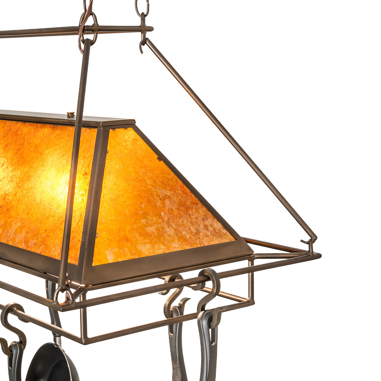 Detailed view of Mission Prime pot rack copper hardware and frame.