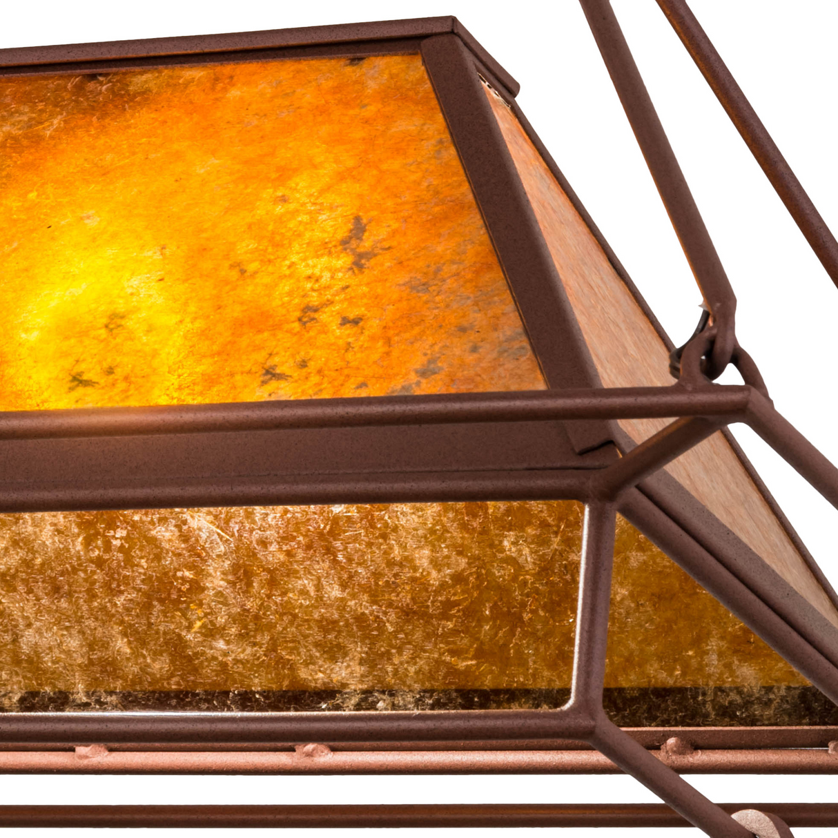 Close-up of rust-finished frame and chain suspension detail.