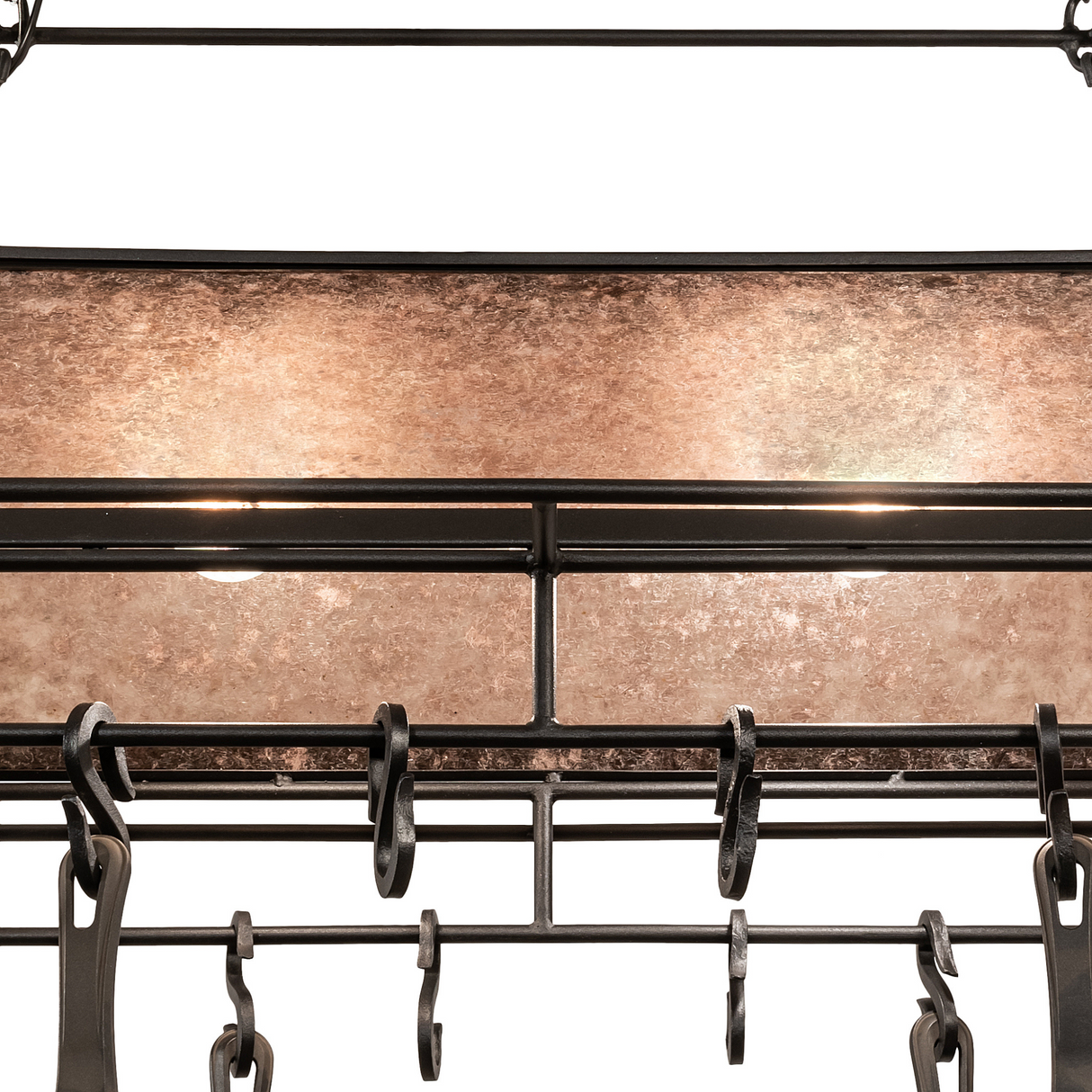 Close-up of Mission Prime pot rack hooks and mica shade detail.