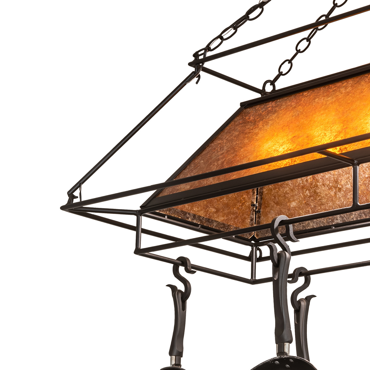 Close-up of Mission Prime chandelier amber mica shade and frame.