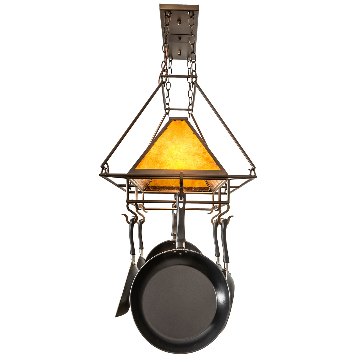 Close-up of Mission Prime pot rack amber mica shade detail.