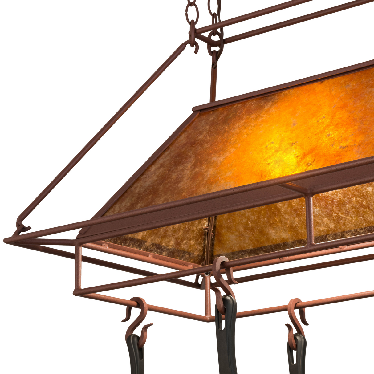 Close-up of amber mica shade on Mission Prime pot rack.