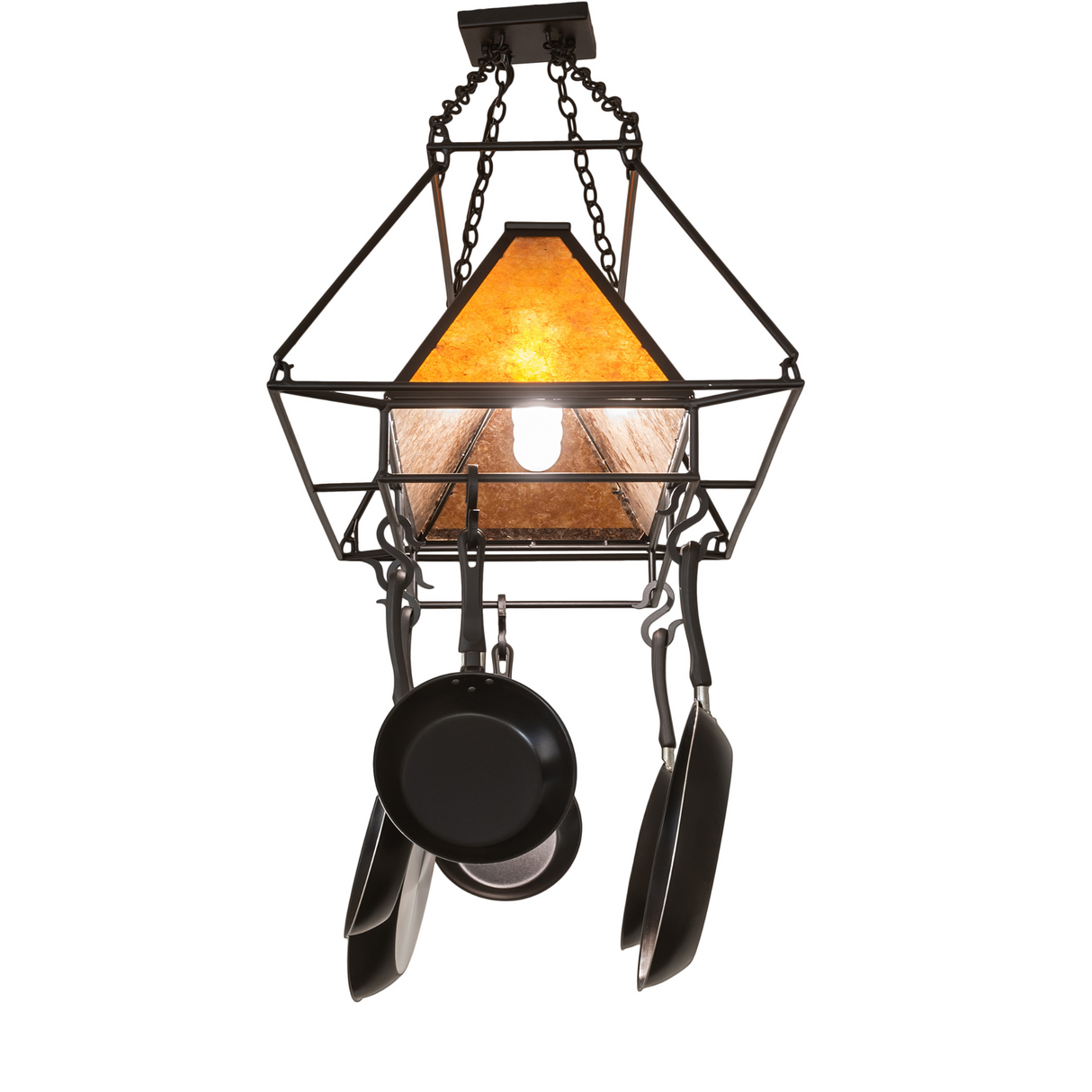 End view of Mission Prime chandelier showing warm amber light.