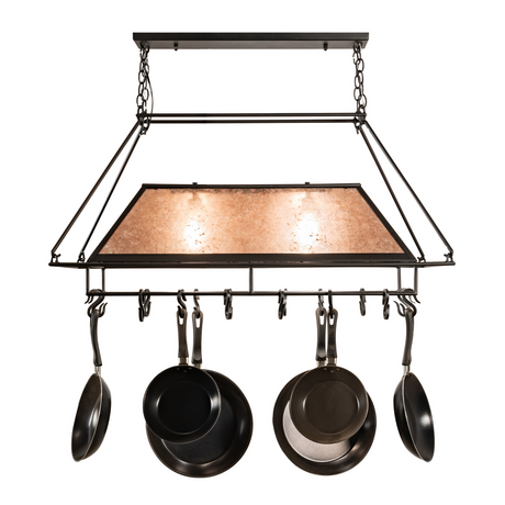 Straight-on view of Mission Prime chandelier pot rack with pans.