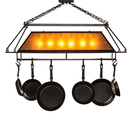 Front lit view of Mission Prime chandelier with cookware hooks.