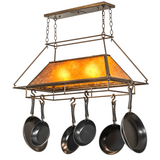 Lit Mission Prime pot rack chandelier with amber mica shade.