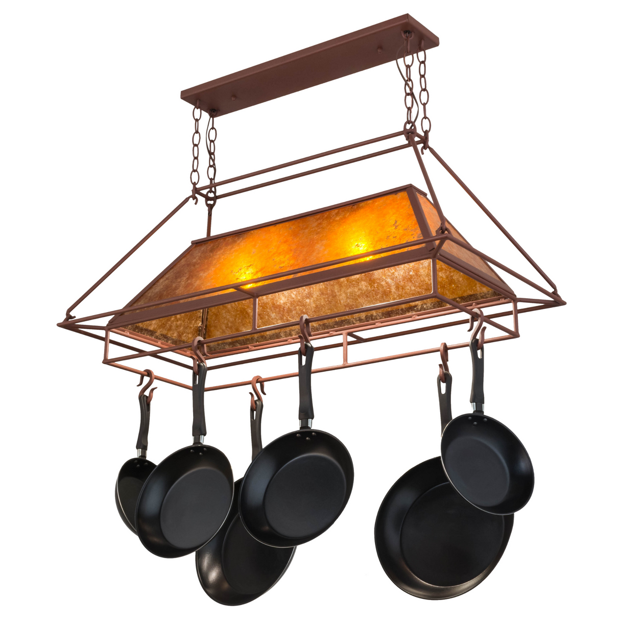 Angled side view highlighting rust finish and cookware hooks.