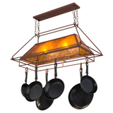 Angled side view highlighting rust finish and cookware hooks.