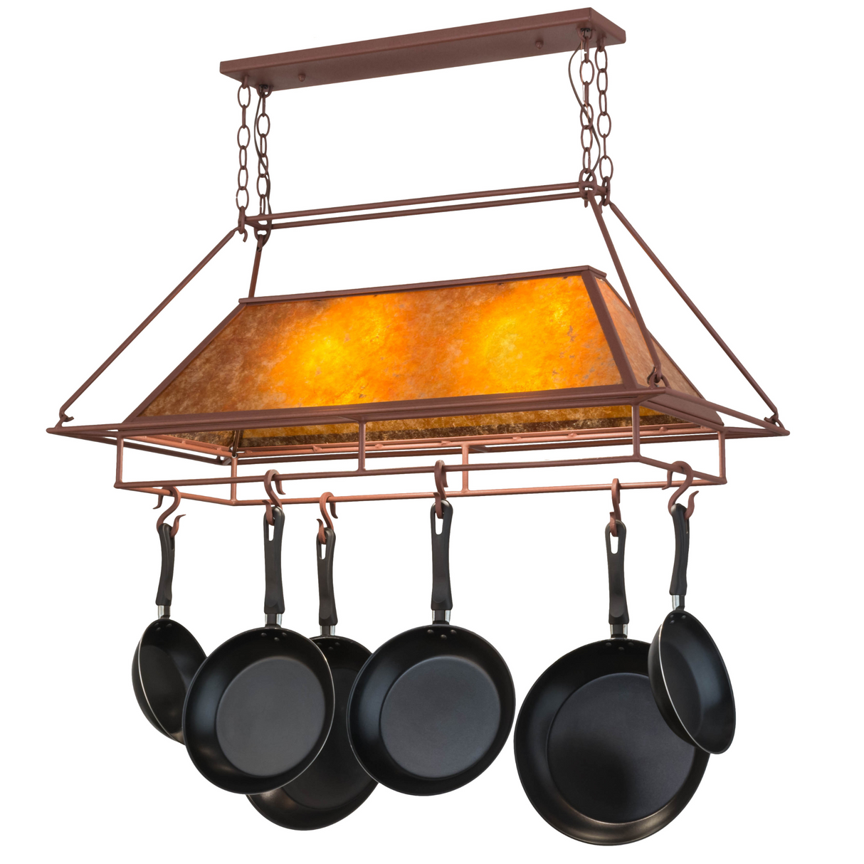 Lit angle view of Mission Prime pot rack with amber mica shade.