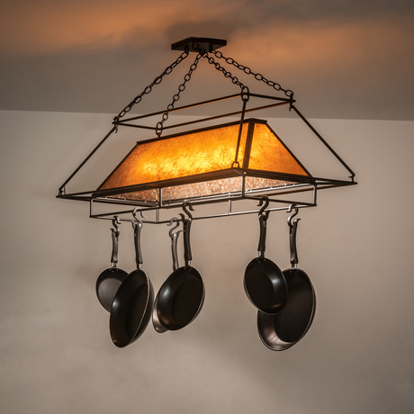 Mission Prime chandelier with amber mica shade lit in kitchen.