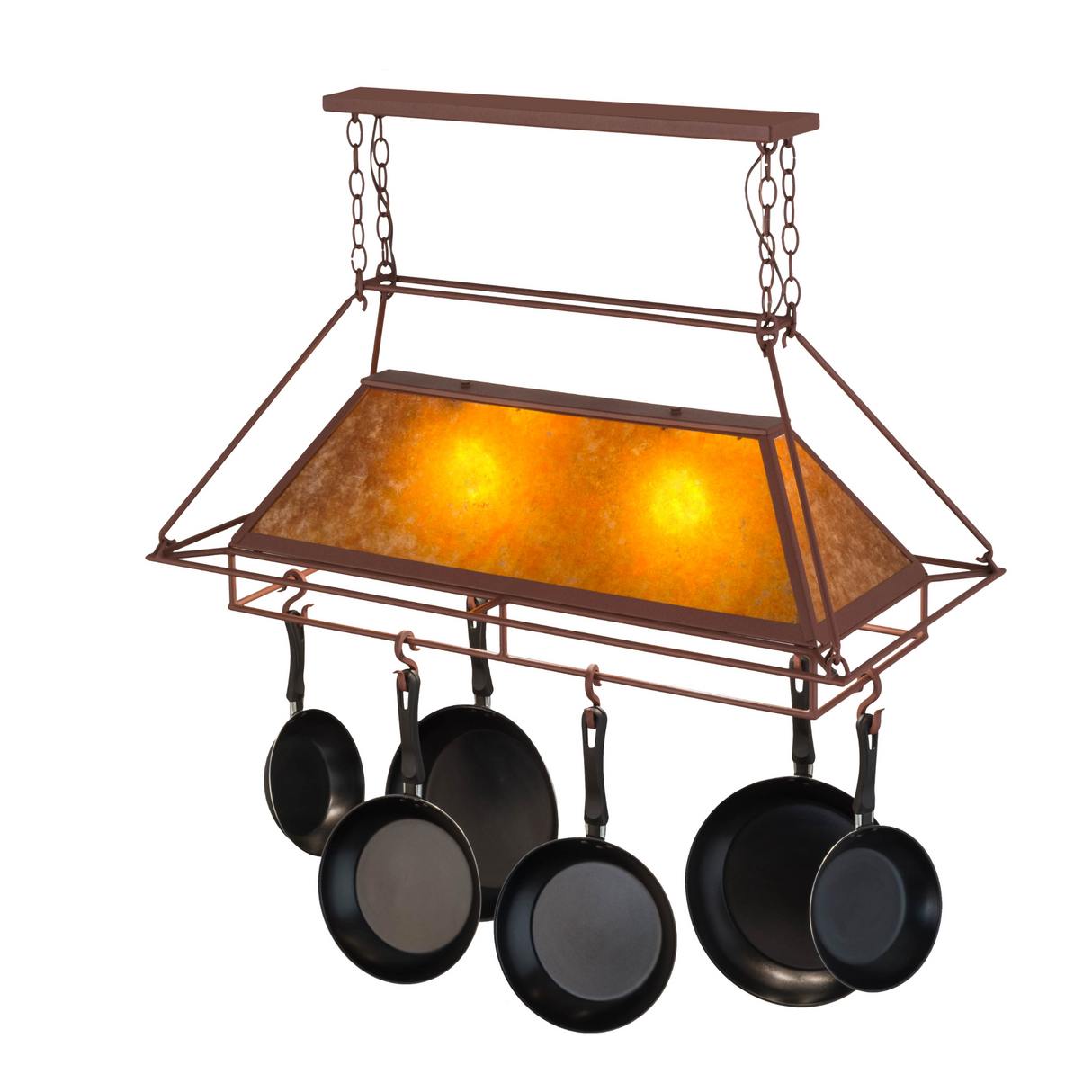 Side view of illuminated Mission Prime pot rack chandelier.