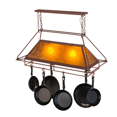 Side view of illuminated Mission Prime pot rack chandelier.