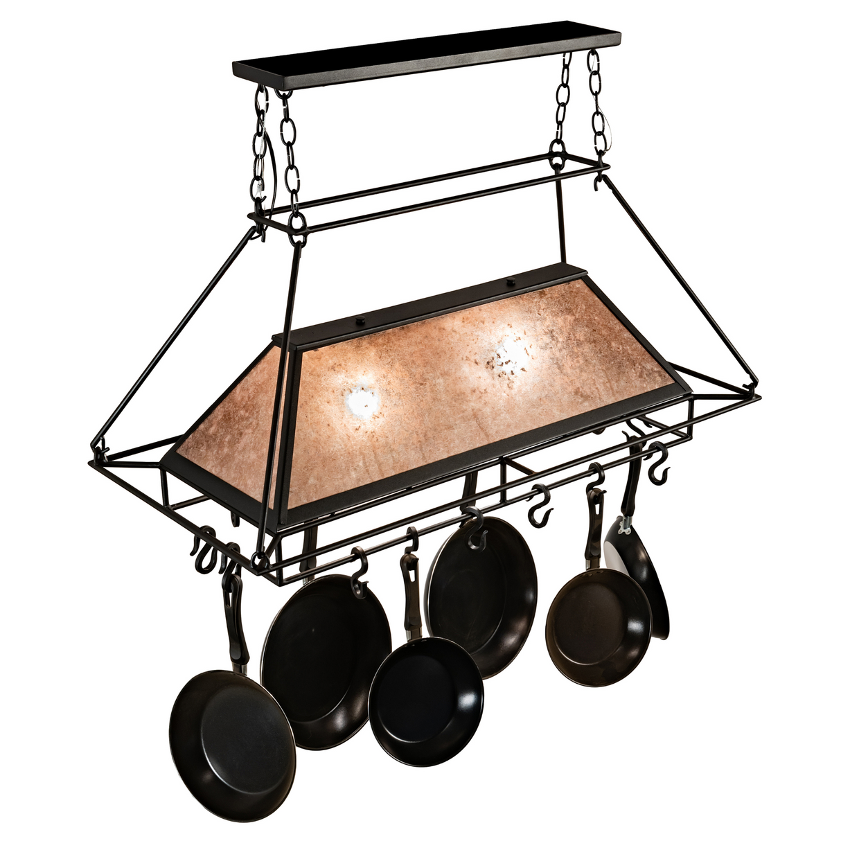Overhead angled view of Mission Prime 40" pot rack chandelier.