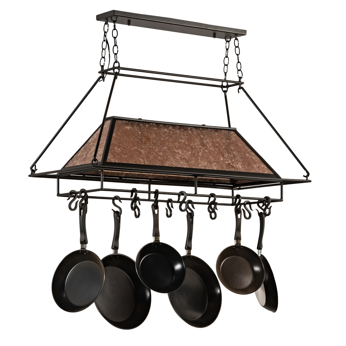 Side angle view of Mission Prime pot rack with pans hanging.