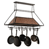 Side angle view of Mission Prime pot rack with pans hanging.