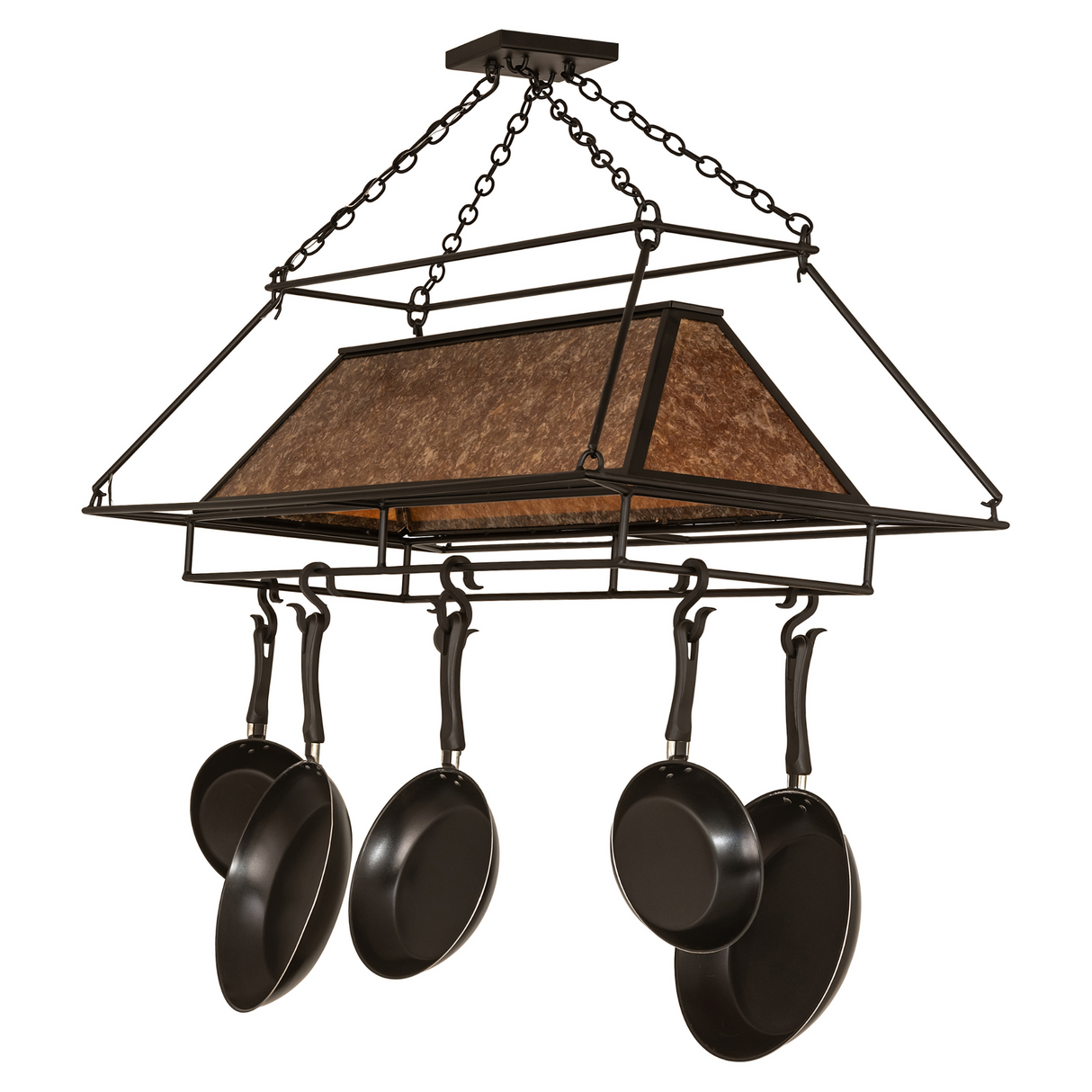 Side view of Mission Prime pot rack chandelier with mica shade.